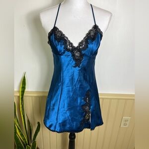 Frederick’s of Hollywood Lace Trim Satin Slip Mini Dress S Teal Sexy Intimate
